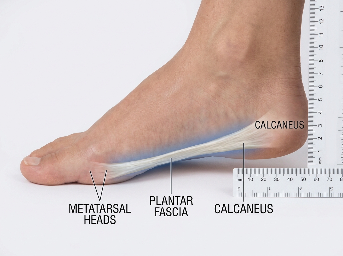 Anatomické zobrazení plantární fascie a oblasti nejčastější bolesti paty