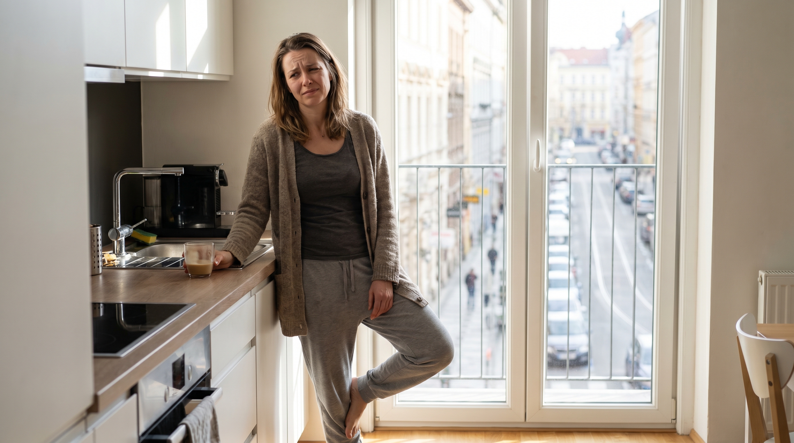 Žena trpící bolestí nohou od kolen dolů při stání doma